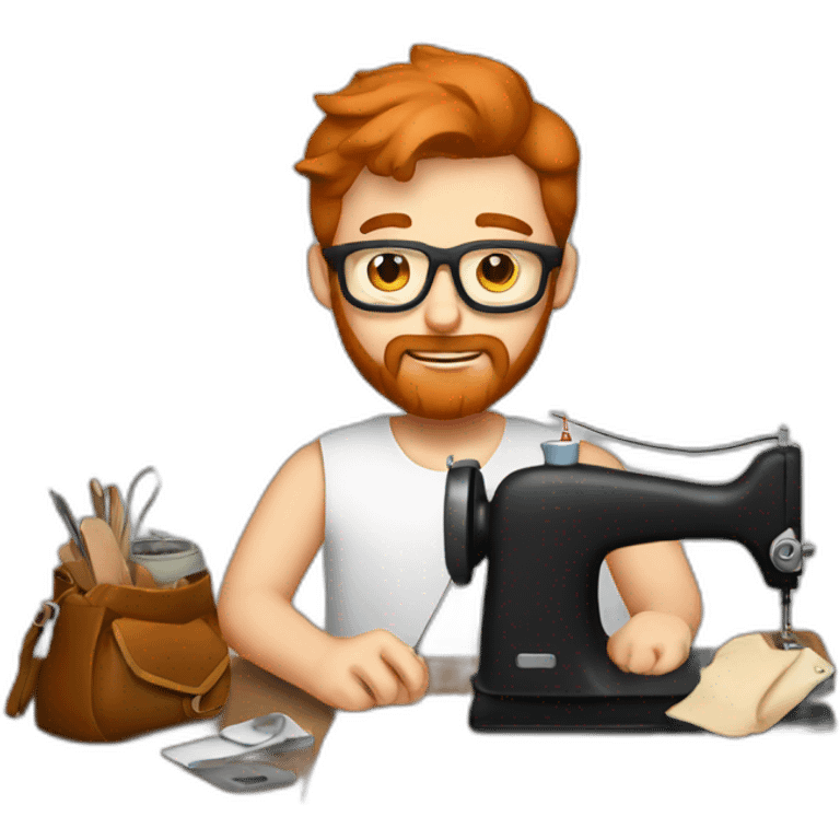 Red smooth haired man with beard and glasses sewing a leather bag by hand emoji