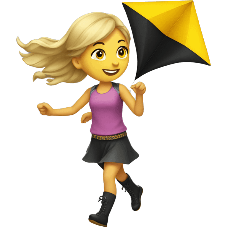 Caucasian Girl flying a yellow and black diamond-shaped kite emoji