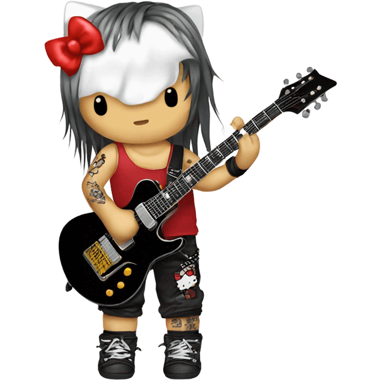 Hello kitty wearing rockstar tanktop with thunder tatoo on the face with x japan hair style holding the elec guitar emoji