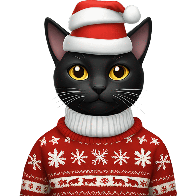 Black cat wearing Christmas sweater and a top hat ￼ emoji