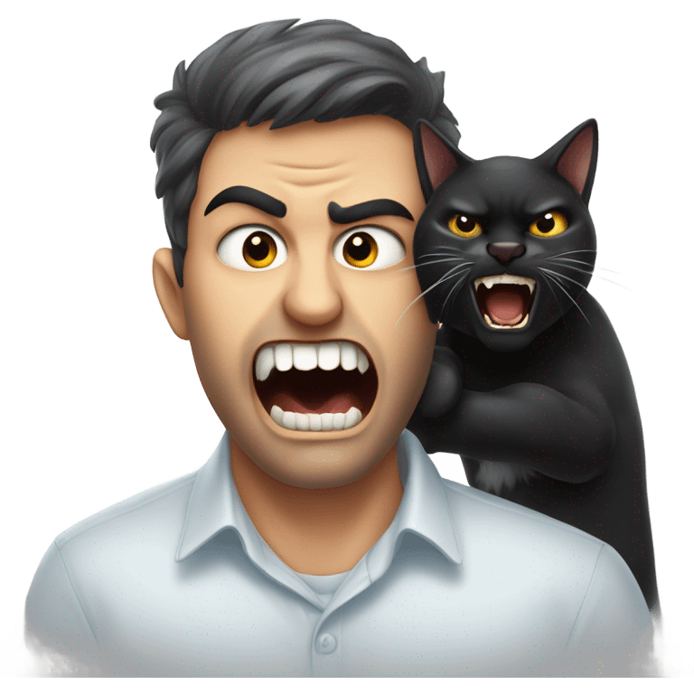 An angry black cat bites a man on the face. emoji