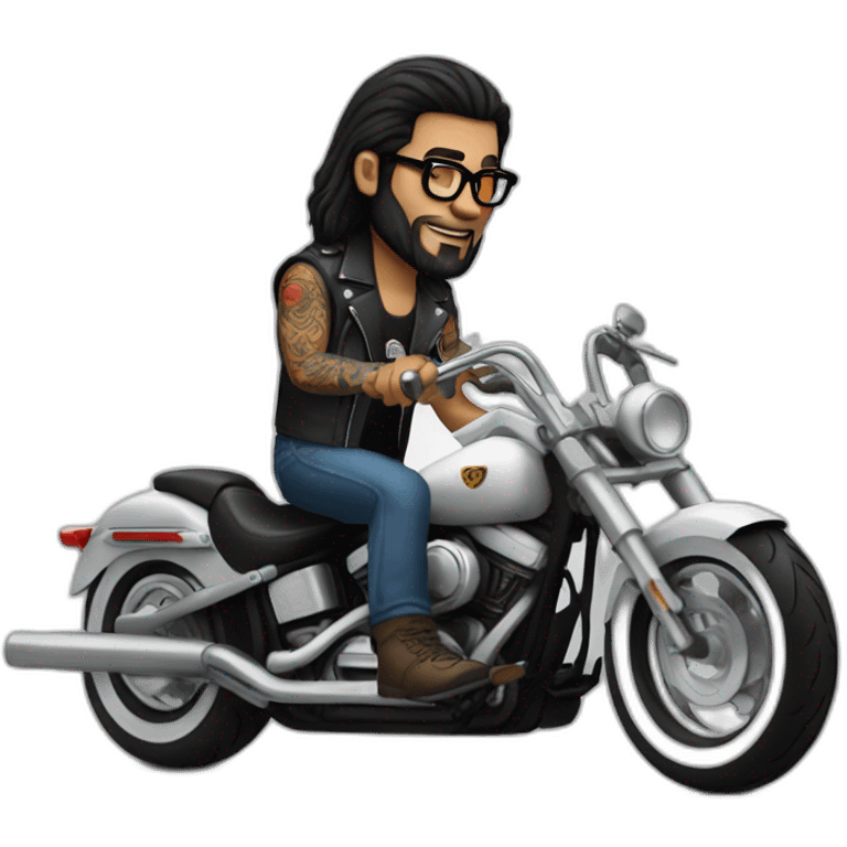 A man with tattoos, long hair and glasses riding a Harley motorcycle  emoji