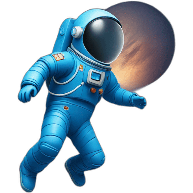 blue spaceman in a blue suit flying straight up into space with bluecadet logo on sleeve emoji