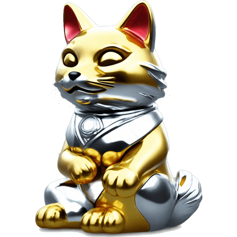 fully chrome fox statue in the form of maneki neko emoji