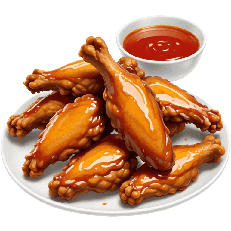 Cinematic crispy chicken wings, golden-brown and glazed with spicy sauce, crunchy coating, juicy inside, piled high with dipping sauce on the side, ultra-realistic and mouthwatering, inviting and bold. emoji