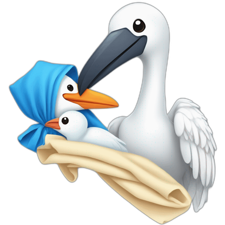 White stork carrying a blue bundle of cloth in its beak that has a human baby with dark hair and the baby head is peeking from the fabric bundle the strok is carrying with its beak emoji