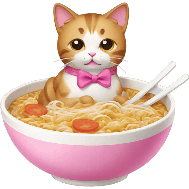 cat eating ramen with a pink bow emoji