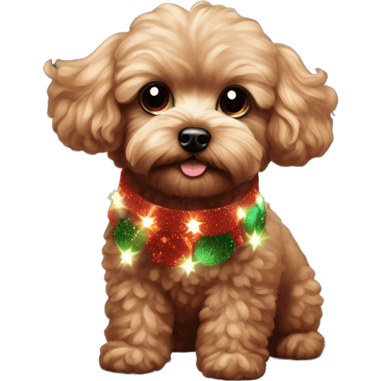 Dark Red maltipoo with Christmas lights decorated around its neck emoji