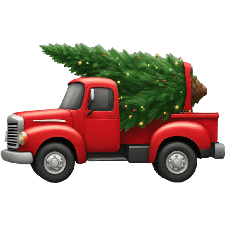 Red truck carrying a Christmas tree side view emoji