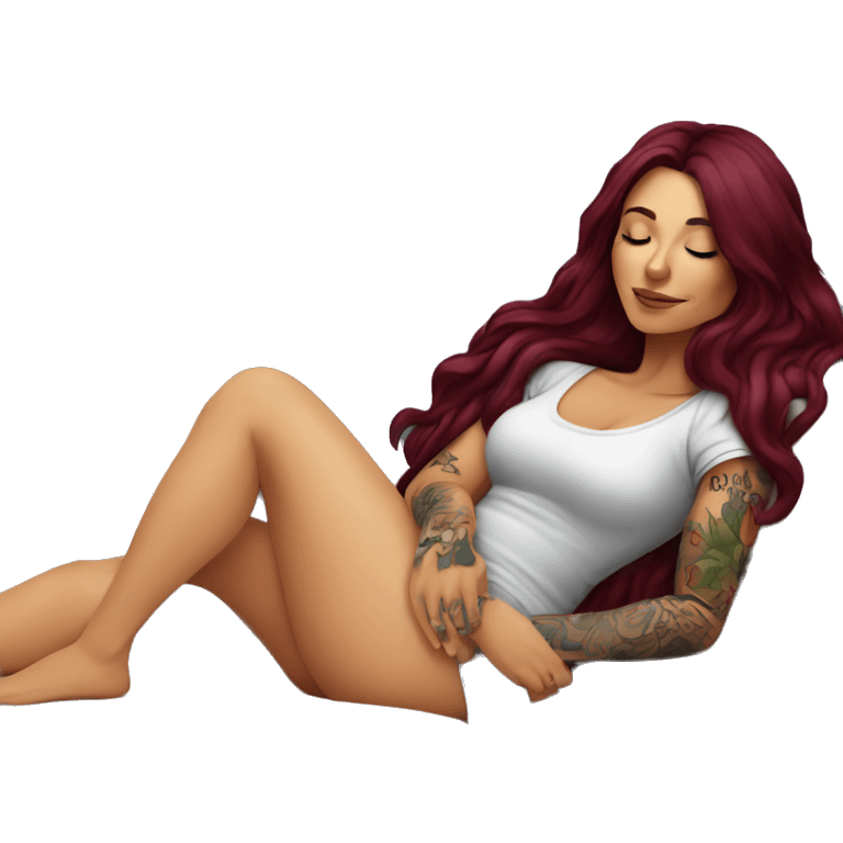 Beautiful tattooed burgundy long haired woman napping on sofa emoji