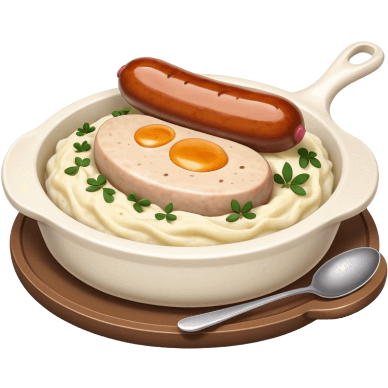 Cinematic Realistic Bangers and Mash Dish Emoji, featuring succulent pork sausages paired with creamy mashed potatoes rendered with detailed textures and natural highlights that emphasize its robust, hearty flavor. emoji