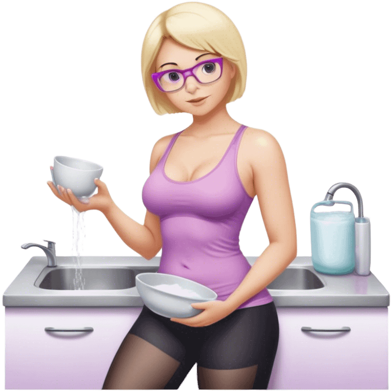 Thick fair skinned woman, short blond hair, small light purple reading glasses, washing dishes, sheer pink tank top, showing natural B cup breast shape SFW, black yoga pants, thick booty emoji