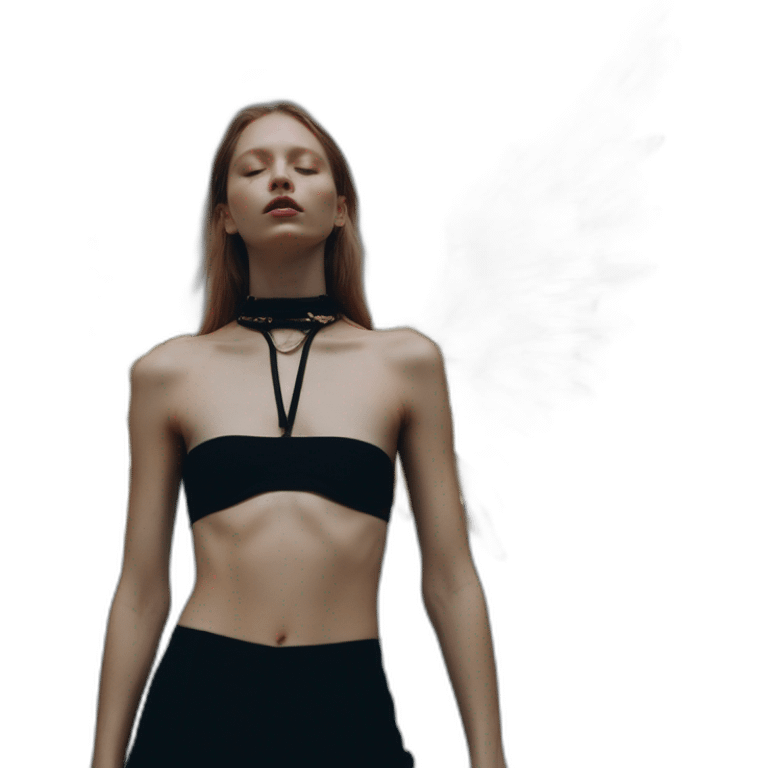 Angela Olszewska, david bellemere, Bare belly, Wings, Choker, Bathed in shadows, FOV 90 degrees, short lighting, L USM, Cold Colors, gilded technique, extremely hyper aesthetic, absurdres emoji