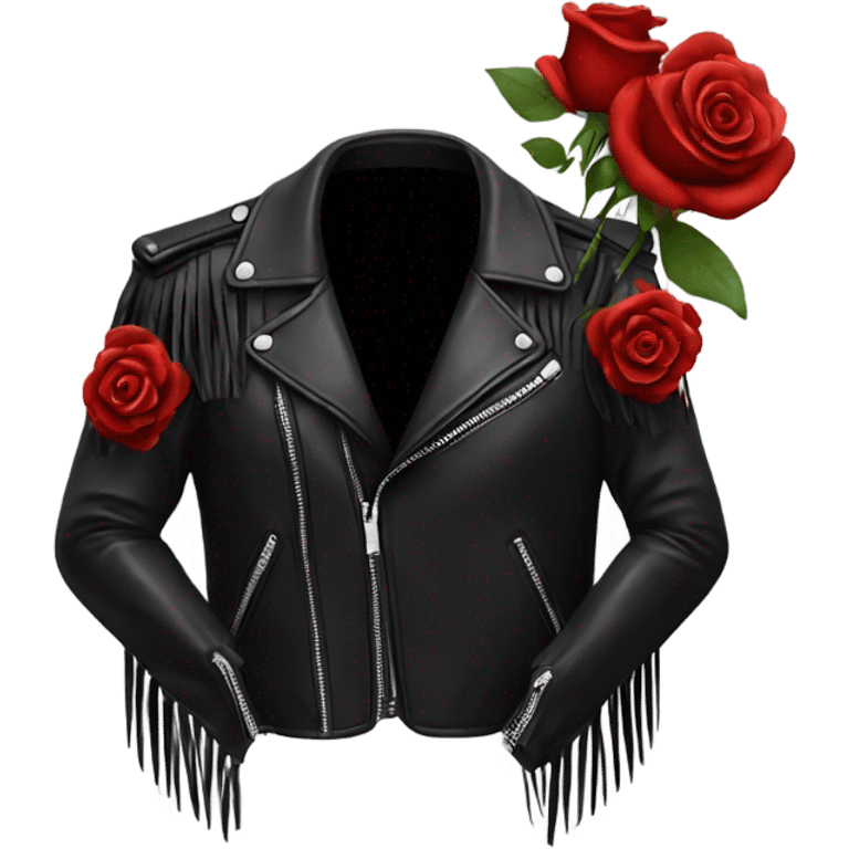 black leather jacket with fringe and red roses on the shoulders  emoji