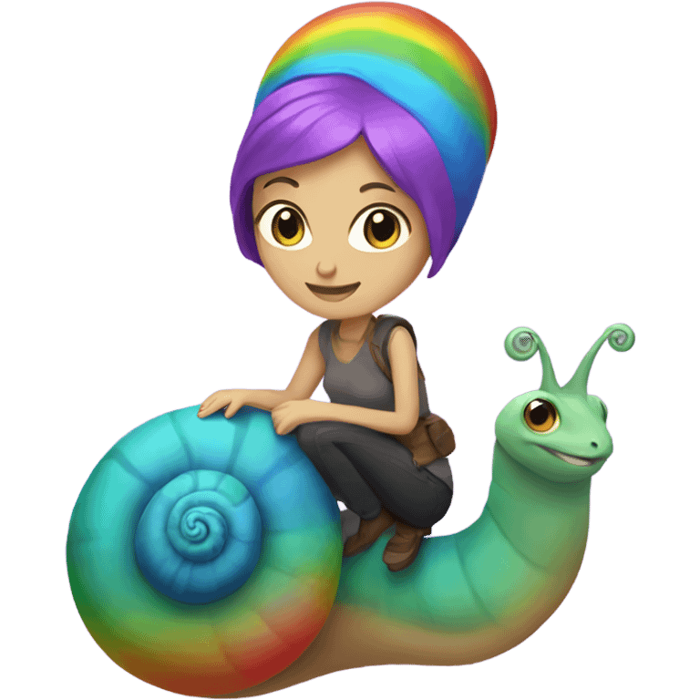 Caucasian Woman with purple hair riding a rainbow snail emoji