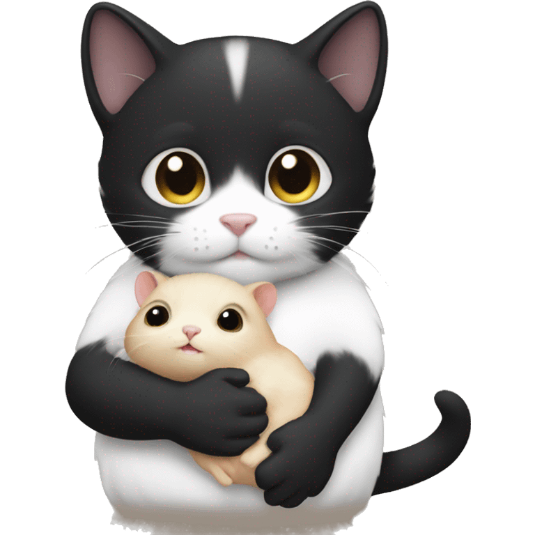 black kitty holding a white little hamster  emoji