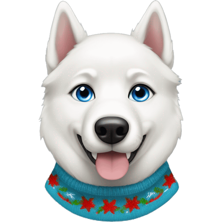 White Siberian Husky dog with blue eyes wearing a Christmas sweater emoji