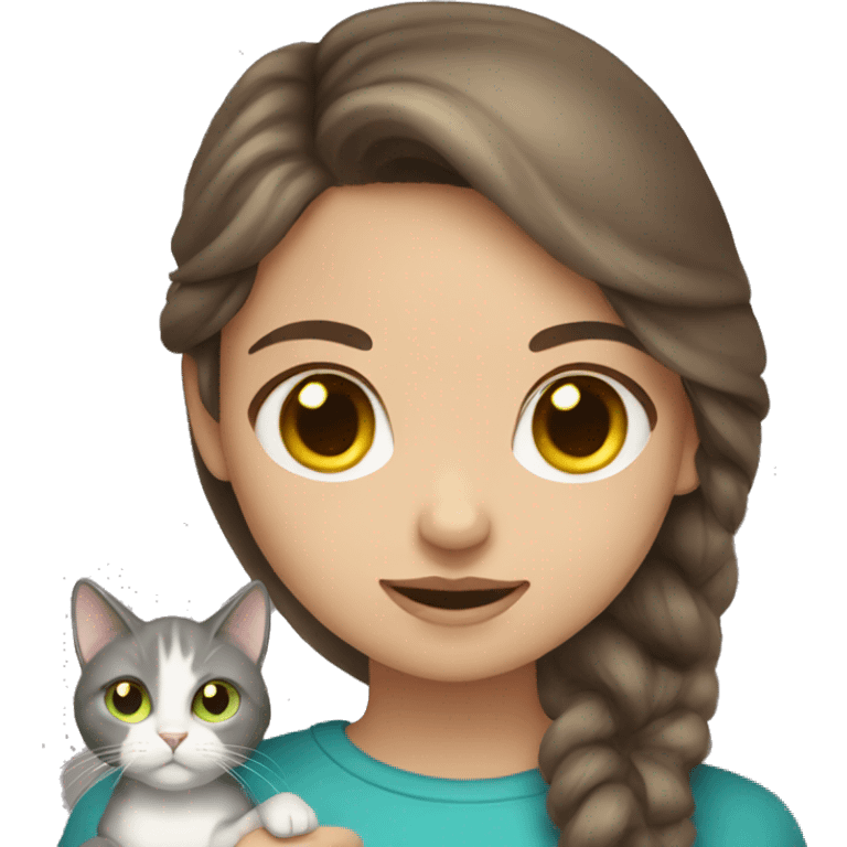 Brown hair girl with blue eyes holding a gray cat with yellow green eyes emoji