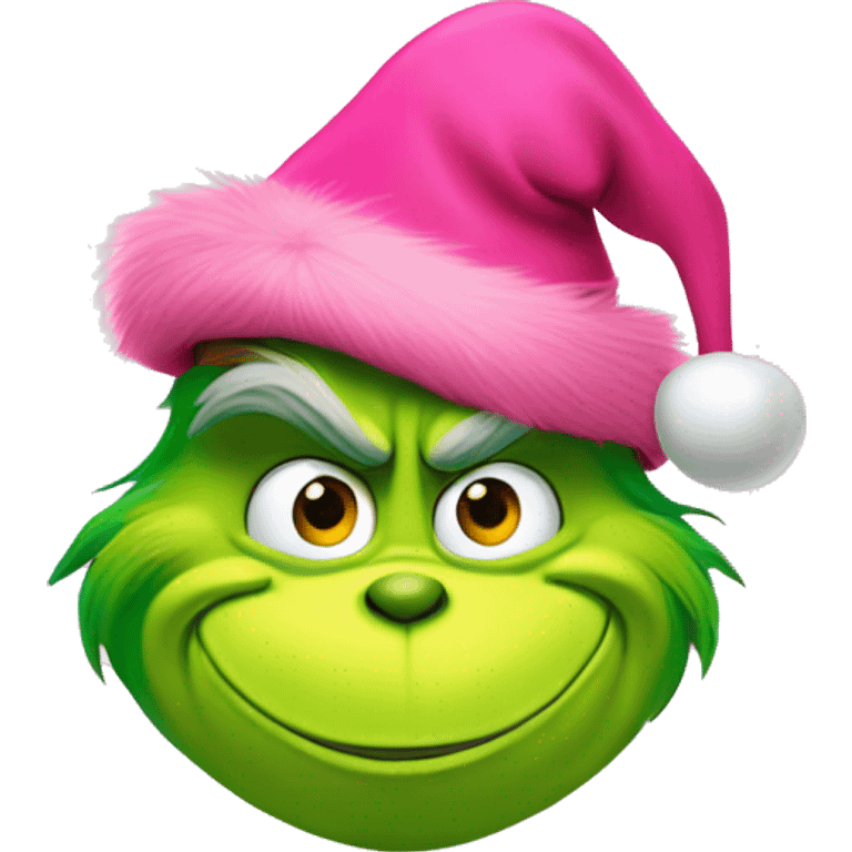 Grinch wearing pink Christmas hat with a smile and pink heart eyes emoji