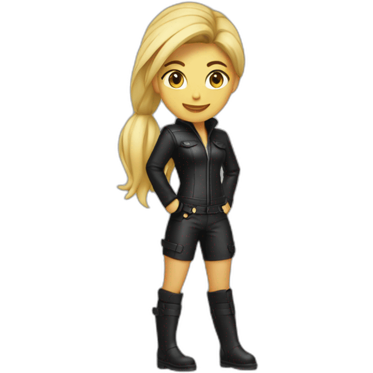 1 girl, leather suit, blond, ponytail, smirk, leather boots emoji