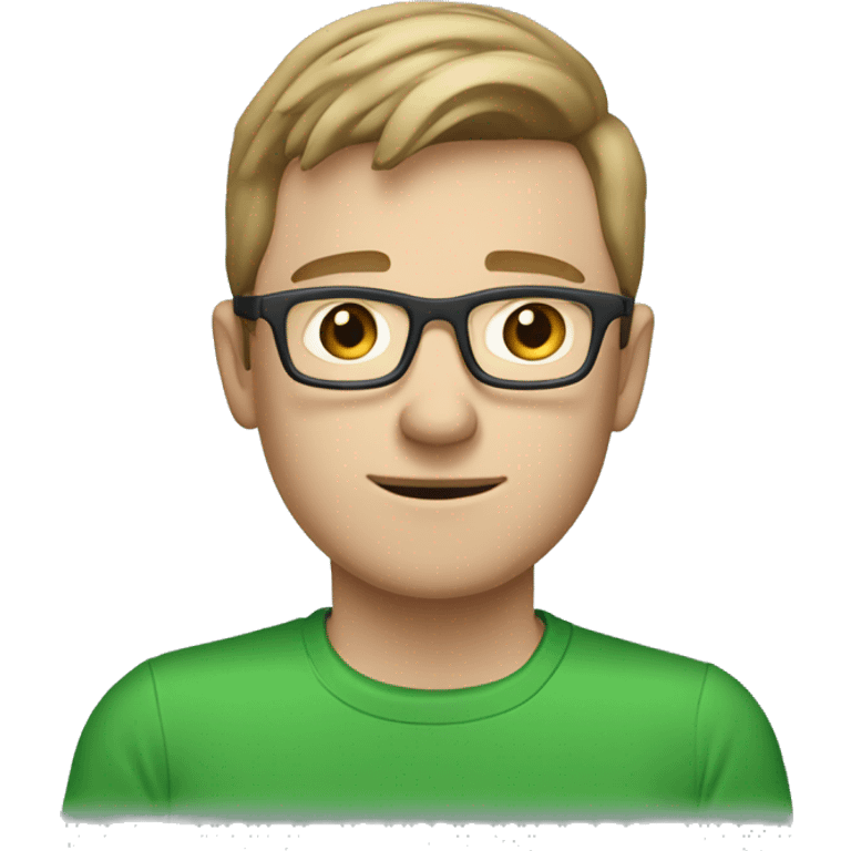 white young man with ligth brown hair and square glasses and blue eyes wearing green t-shirt using laptop  emoji