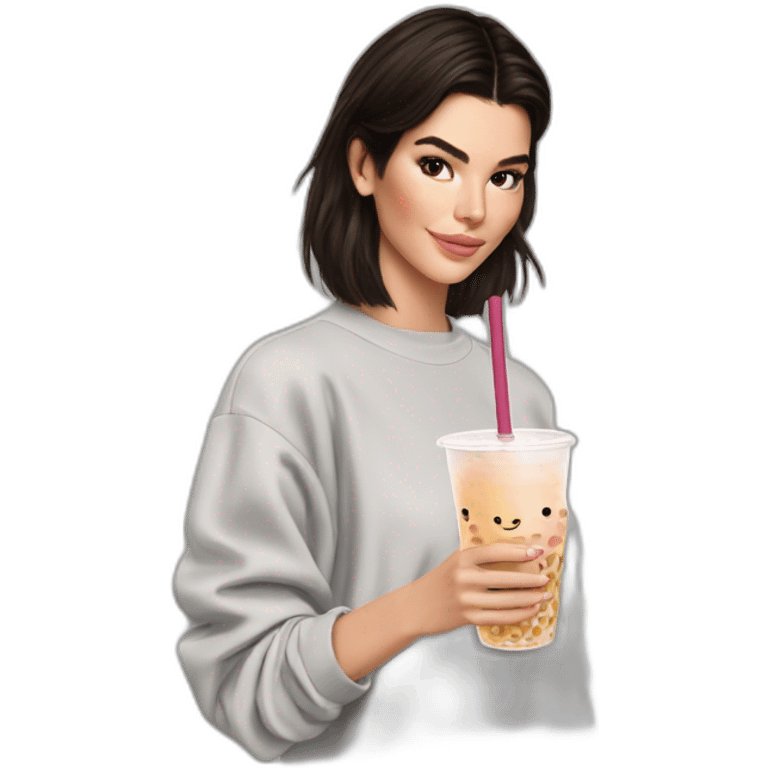 brunette Kendall Jenner holding bubble tea emoji