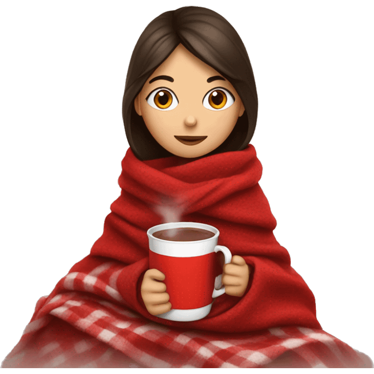 brunette girl drinking hot chocolate while wrapped in a warm-christmas-red blanket  emoji