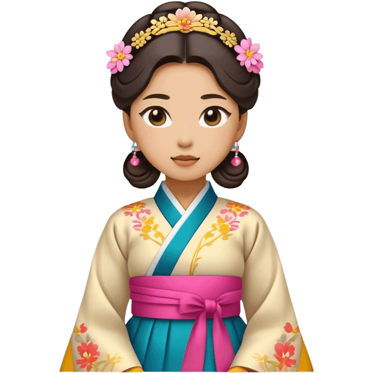 Cinematic Realistic Hanbok Emoji, depicted as a graceful intricately designed traditional Korean dress with vibrant colors and flowing lines, rendered with delicate textures and soft cultural lighting that captures its timeless elegance. emoji