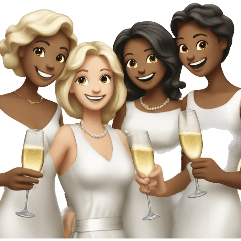 Group of 5 smiling women, one boy and a woman with white dress clinking champagne emoji