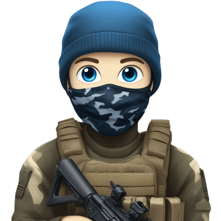 male, pale skin, call of duty face mask, camo tactical gear, combat boots, black beanie, blue eyes emoji