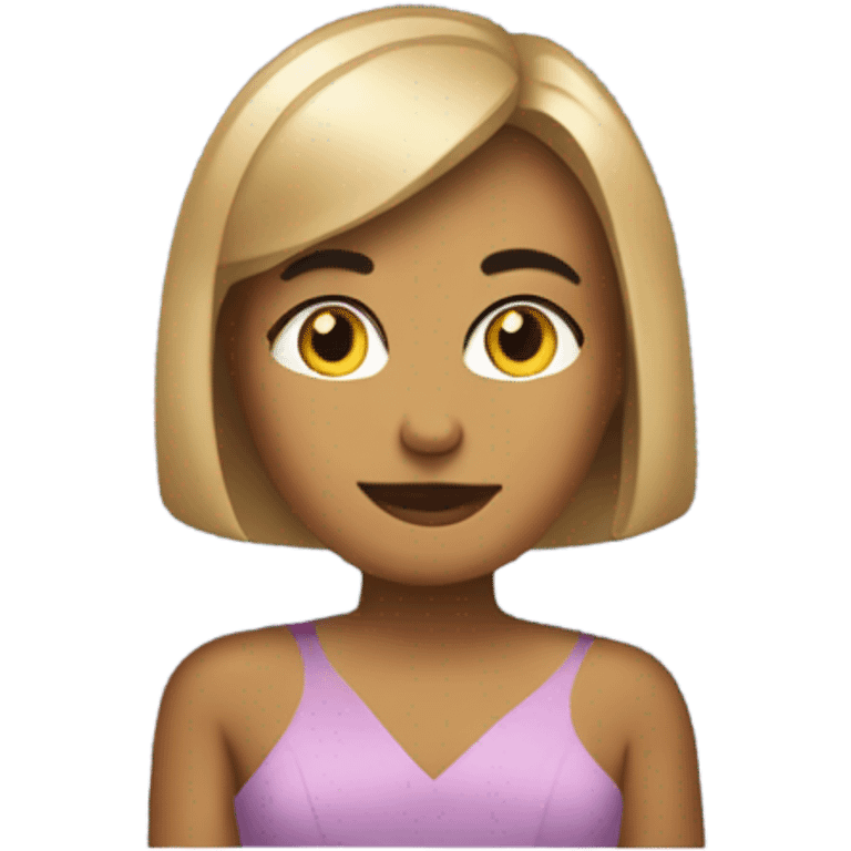 medium tone queen with a bob haircut seating looking forward on a mac laptop and show her dress emoji