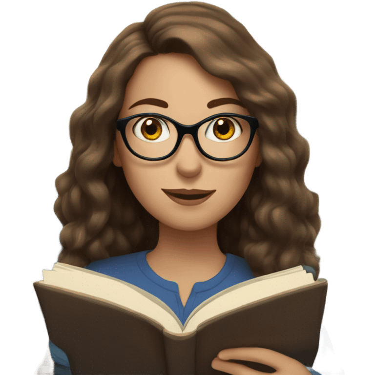 White woman with glasses, long brown hair and blue eyes reading a book emoji