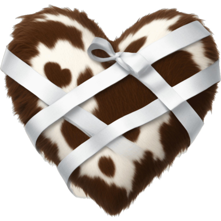 Cowhide fuzzy heart with white ribbon around it emoji