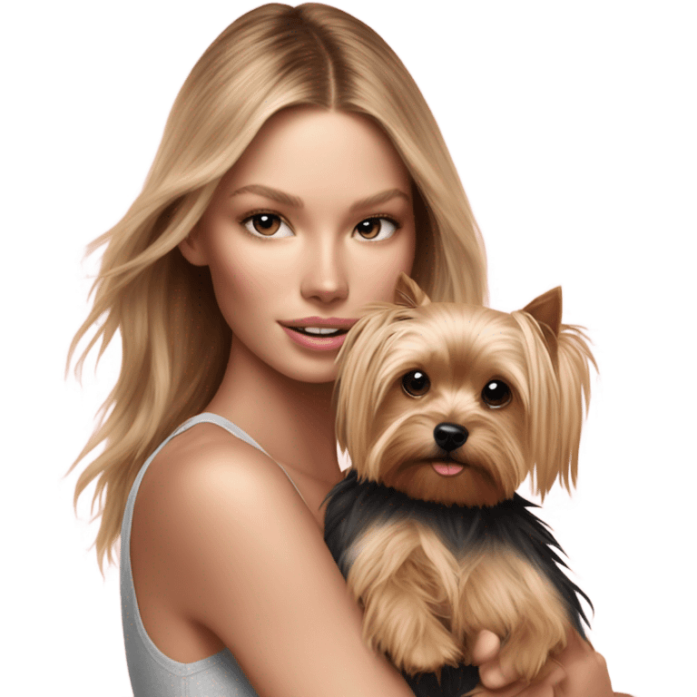 Photo Real pale Victoria secret model cuddling a Yorkshire terrier  emoji