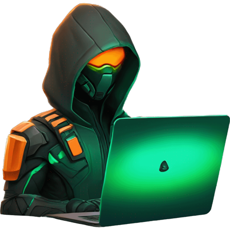 Side view developer behind his laptop with this style : crysis Cyberpunk Valorant orange glowing bright orange character green black hooded assassin themed character emoji