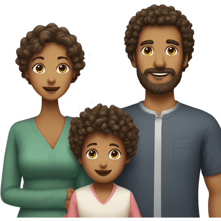 Family of three, a curly hair mom, dad with beard and baby emoji