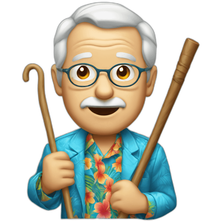 old man holding cane wearing blue Hawaiian shirt and jacket, kids face emoji