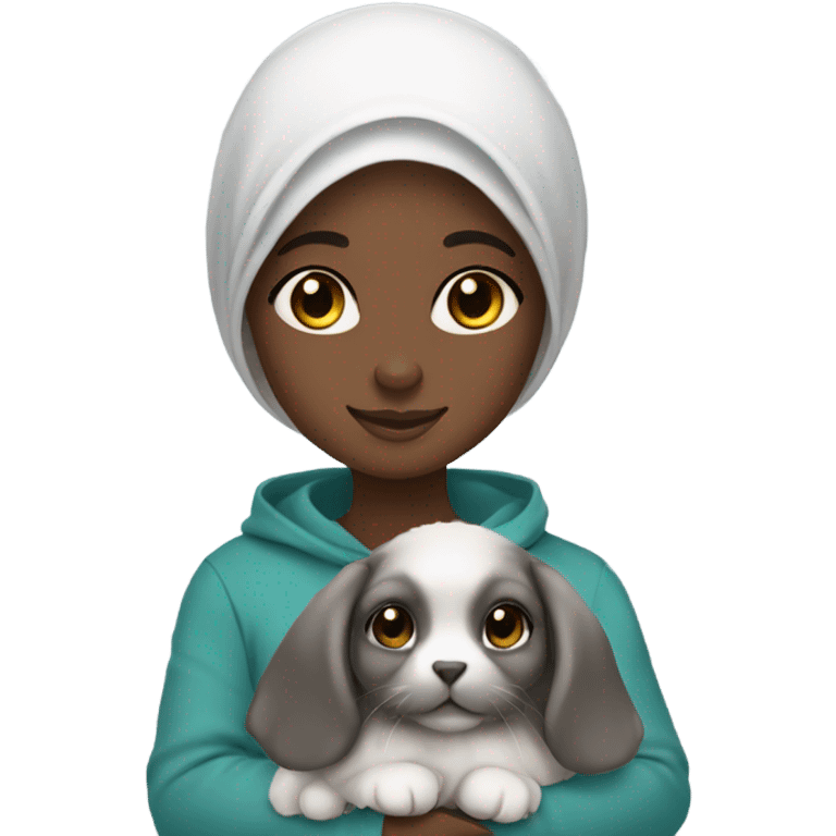 Black Muslim girl holding her cute gray holland lop emoji