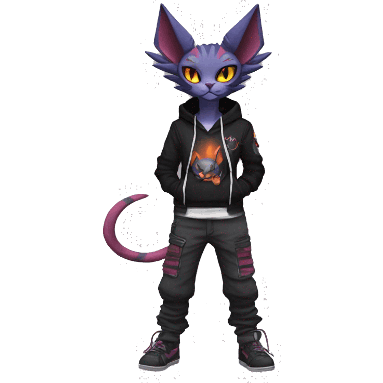 Cool Anthro Noivern-Litten-Sphynx-Pokémon with edgy stripes hoodie spiked collar punk techwear Cargo Pants Full Body emoji