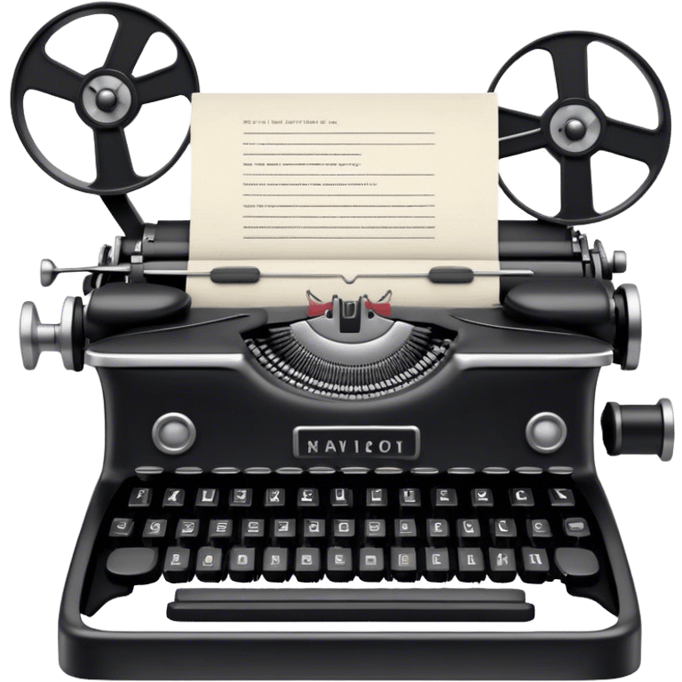 Create an emoji representing screenwriting. The design should feature an open script with visible dialogue and action lines, symbolizing the writing of a screenplay. Include a classic typewriter to signify the process of creating a script. Add a movie camera next to the script to emphasize the cinematic aspect of screenwriting. Use a professional color palette with black, white, and subtle metallic tones. Do not include any emojis or smiley faces. Make the background transparent. emoji