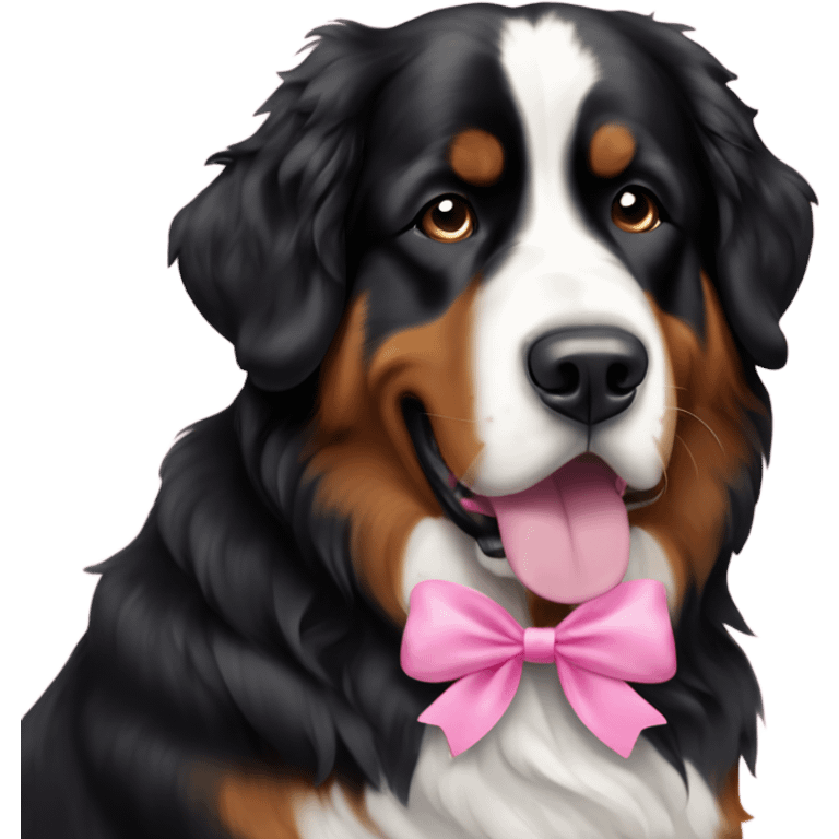 Bernese mountain dog standing with pink bow emoji