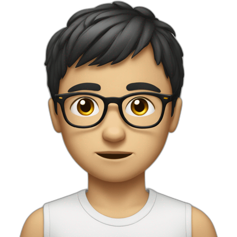 Russian boy in glasses with short black bangs back in glasses and a stupid look in nike emoji