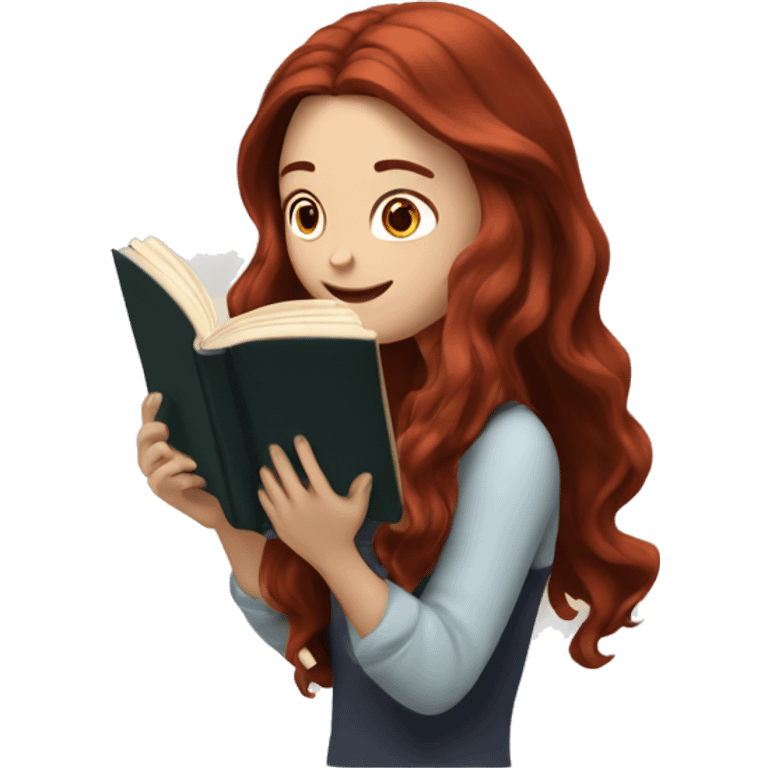 White girl with long loose wavy dark red hair reading a book emoji