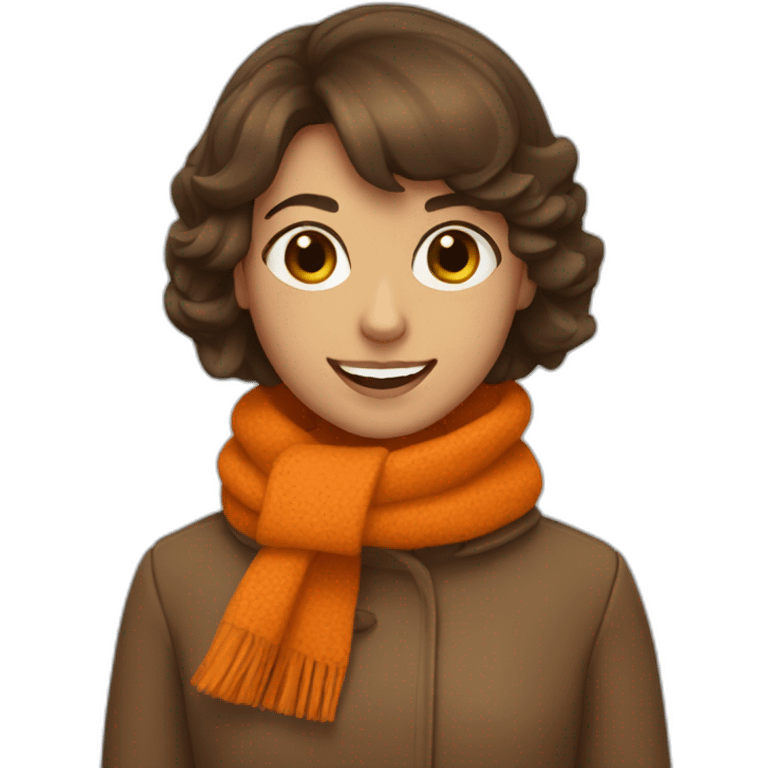 girl with a bob haircut, brown hair, orange scarf and coat, smiling emoji