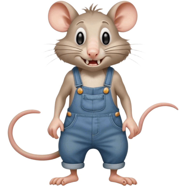 disheveled dizzy cartoon hillbilly frowning rat wearing overalls no shirt. standing and talking full body. human eyes. teeth showing talking. walking talking moving arms. reacting upset emoji