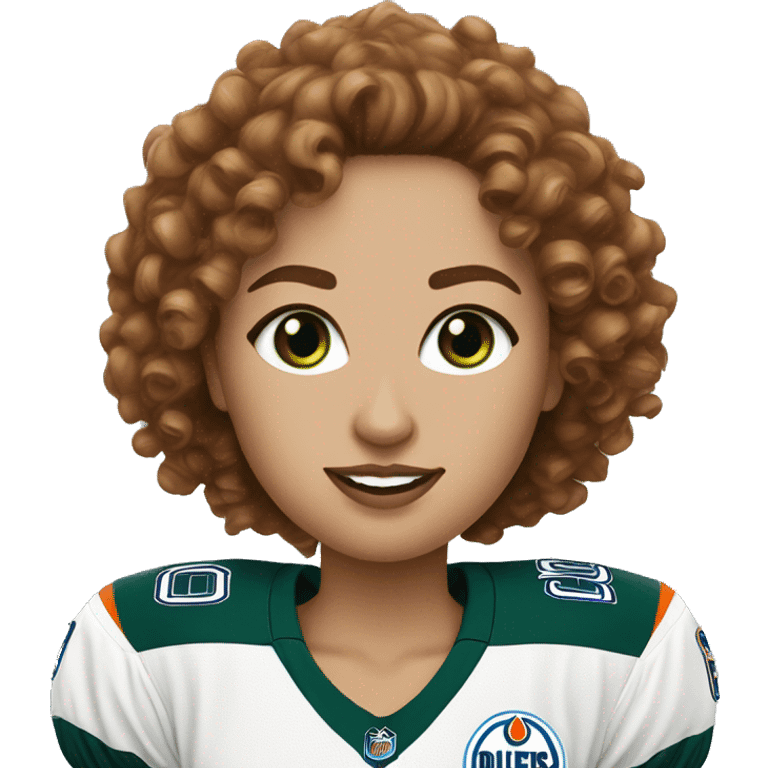 Brown curly hair white woman with green eyes wear an oilers jersey  emoji