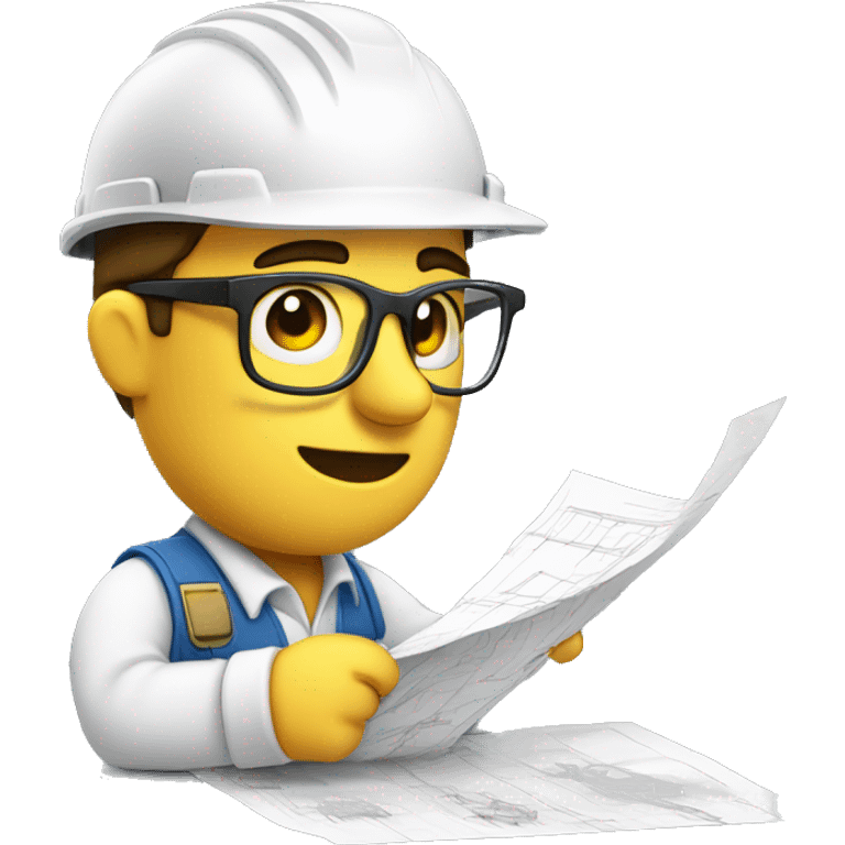 Builder looking at blueprints, he has his glasses resting on his nose and he looks cofused emoji