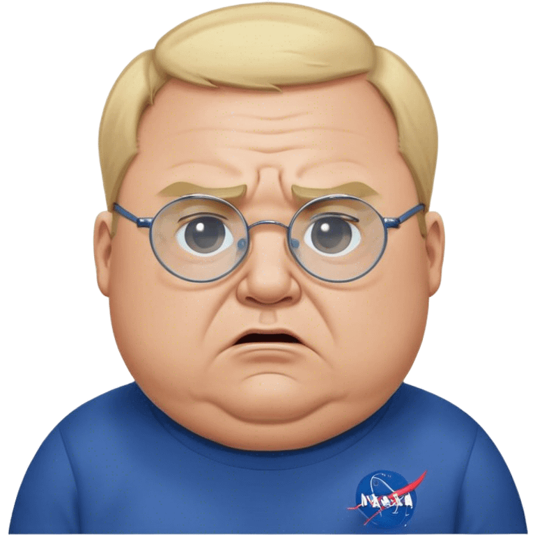 angry fat man, crying like a kid,  blond short and hight receding hairline, wearing a dark blue sweatshirt, nasa logo on the sweatshirt, round glasses without frame, 40 years old emoji