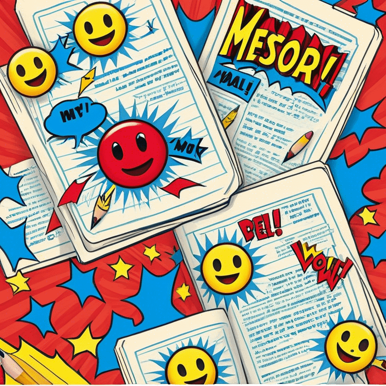 Create a vibrant emoji, representing comic books and graphic novels as an art form. The design should feature a large, opened comic book with vintage comic panels on the pages. Include a pencil (without a hand), writing text or sketching on the pages. The comic panels should have bold lines and retro-style artwork with classic comic book visuals. Use bright, energetic colors like red, yellow, and blue to evoke excitement and creativity. The overall design should feel dynamic, vintage, and artistic. Make the background transparent. emoji