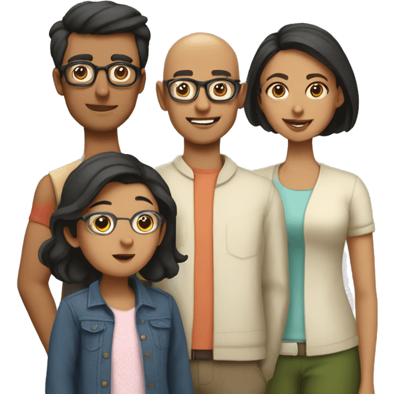 south asian family consisting of 1 bald dad with glasses, mum with glasses and short hair, 25 year old girl with long hair and a 22 year old boy  emoji